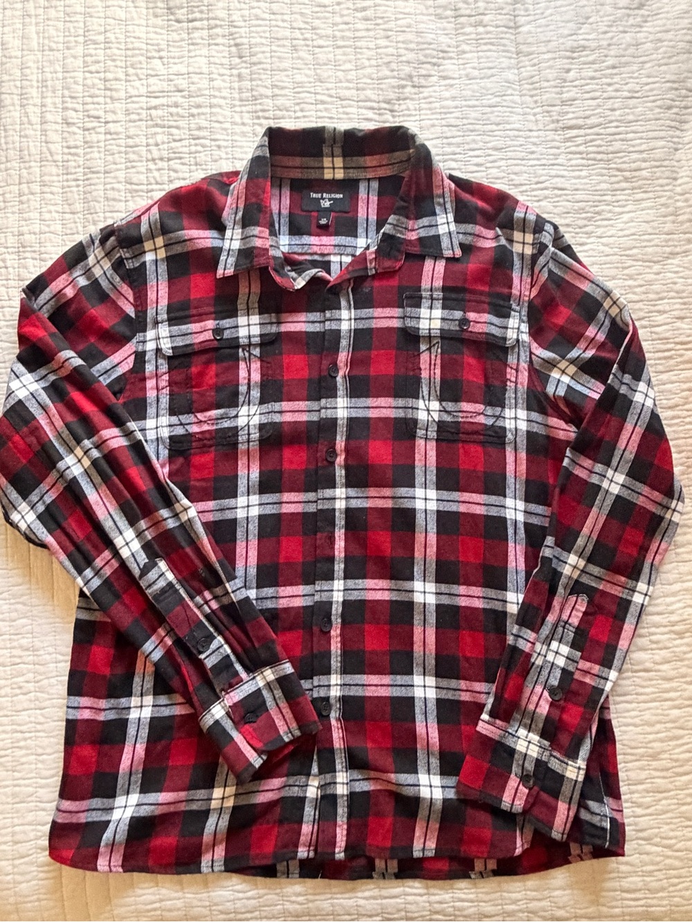 True Religion Red and Black Plaid Short Sleeve Shirt